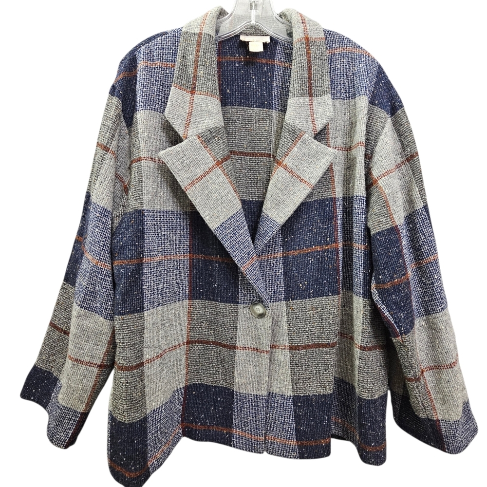 John Meyer Vtg 70s Unlined Navy/Gray/ Brown Longsleeve Plaid Wool Blend Blazer